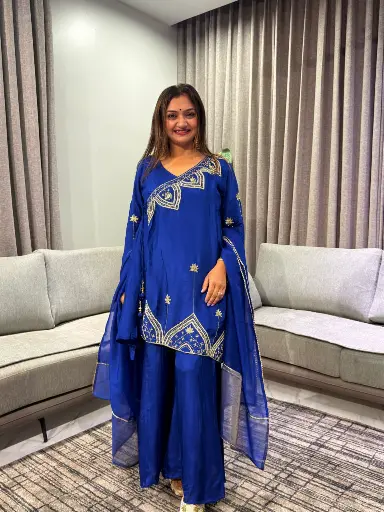 [3025] Indigo Blue Russian Silk Overlap Indo-Western 3-Piece Set