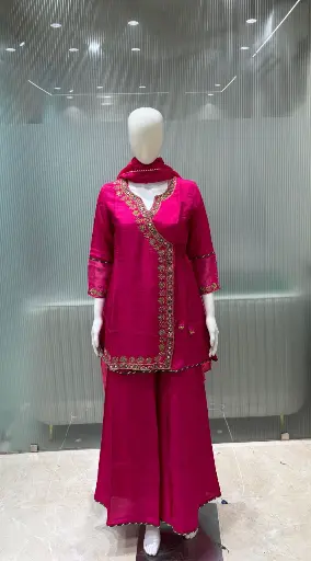 [3026] Rani Pink Hand-Worked Angrakha Russian silk Set