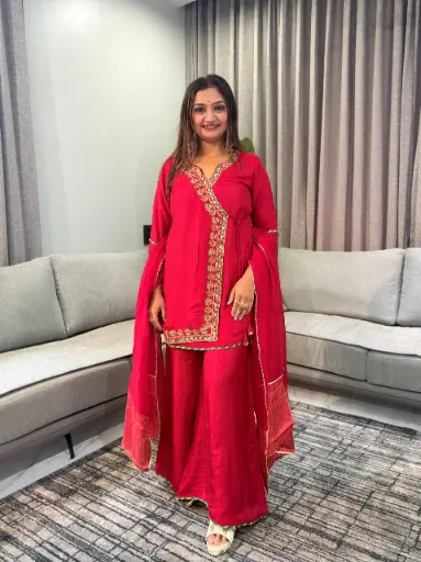 [3027] Crimson Red Hand-Worked Angrakha Russian Silk Set