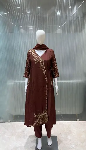 [3028] Chocolate Brown Hand-Worked Angrakha Silk Set