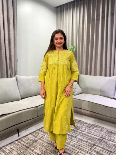 [3031] Olive Green Schiffli Embroidered Cotton Kurta Set