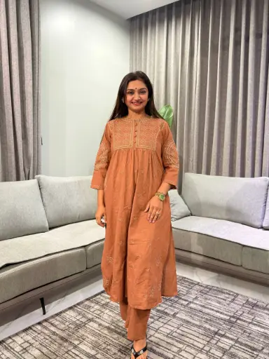 [3032] Terracotta Brown Schiffli Embroidered Cotton Kurta Set