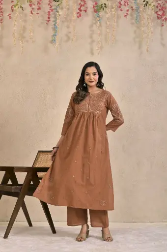 [3032] Terracotta Brown Schiffli Embroidered Cotton Kurta Set