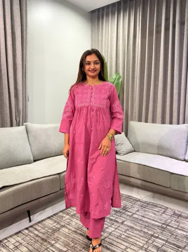 [3033] Mauve Pink Schiffli Embroidered Cotton Kurta Set
