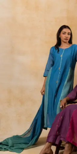 [3034] Dual-Tone Banarasi Mull Chanderi Hand-Worked Kurta Set