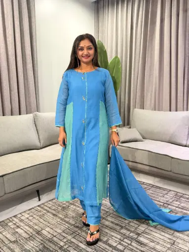 [3034] Dual-Tone Banarasi Mull Chanderi Hand-Worked Kurta Set