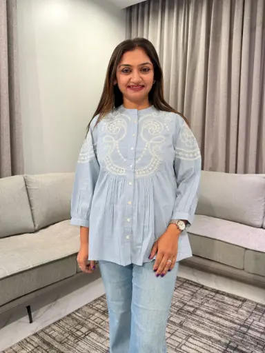[3035] Powder Blue Embroidered Mull Cotton Tunic
