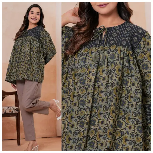 [3037] Olive Kalamkari Printed Pure Cotton Tunic