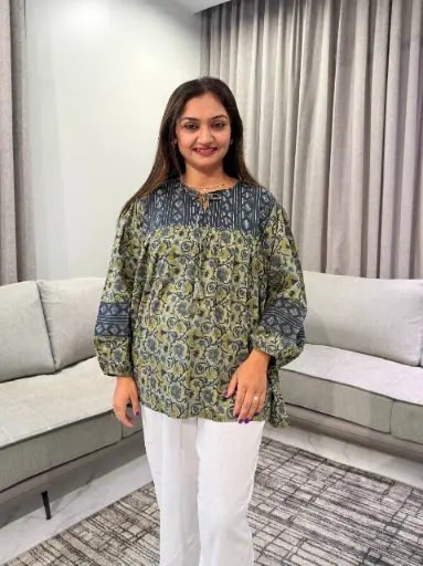 [3037] Olive Kalamkari Printed Pure Cotton Tunic