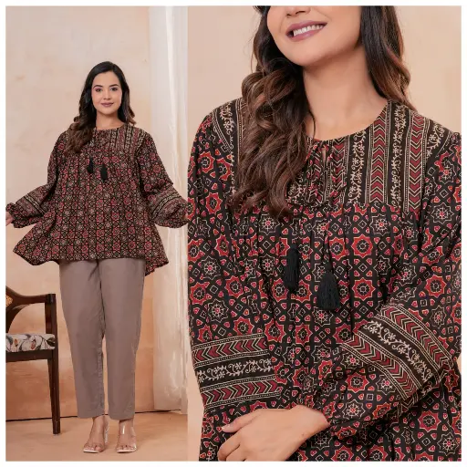 [3038] Maroon Ajrakh Printed Pure Cotton Tunic