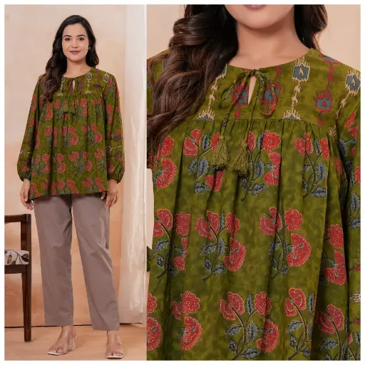[3039] Moss Green Floral Printed Pure Cotton Tunic