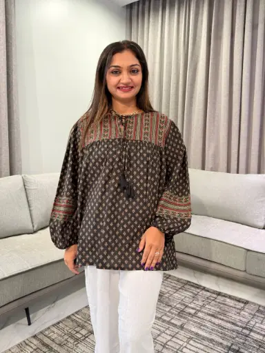 [3040] Charcoal Black Butti Printed Pure Cotton Tunic