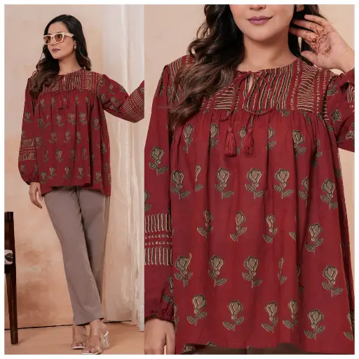 [3041] Rust Red Floral Printed Pure Cotton Tunic