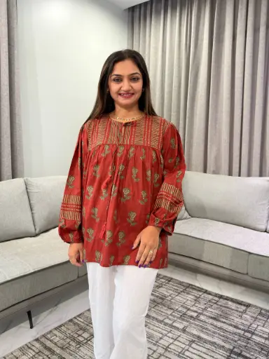 [3041] Rust Red Floral Printed Pure Cotton Tunic