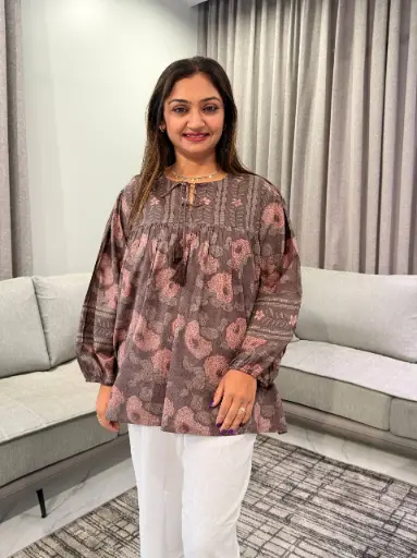 [3042] Taupe Mauve Floral Printed Pure Cotton Tunic