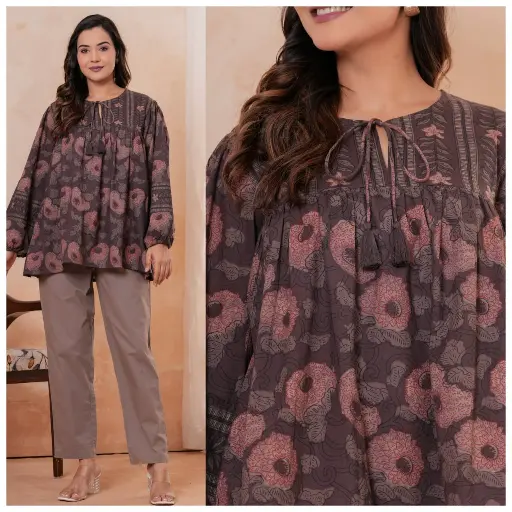 [3042] Taupe Mauve Floral Printed Pure Cotton Tunic