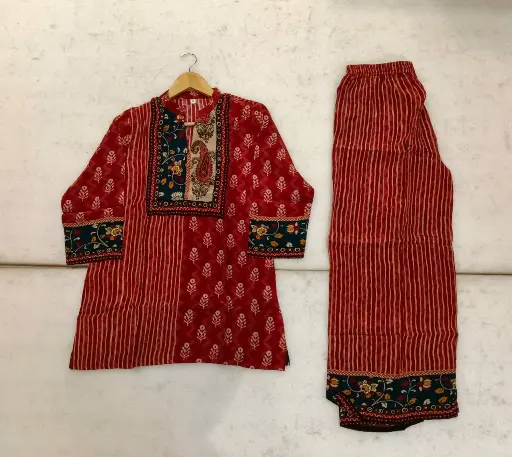 [3047] Rustic Red Ethnic Printed Natural Crepe Co-Ord Set