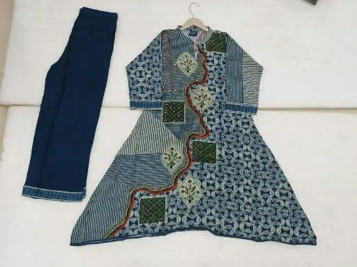 [3049] Indigo Blue Patchwork Hand-Worked Viscose Crepe Co-ord Set