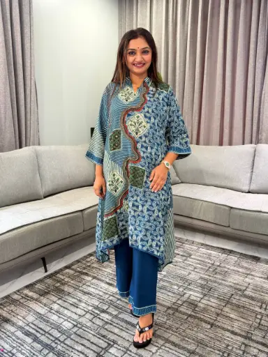 [3049] Indigo Blue Patchwork Hand-Worked Viscose Crepe Kurta Set