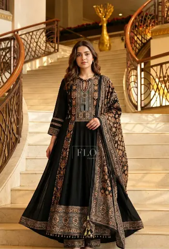 [3051] Olive Green & Ochre Heritage Print Natural Crepe Anarkali Set 