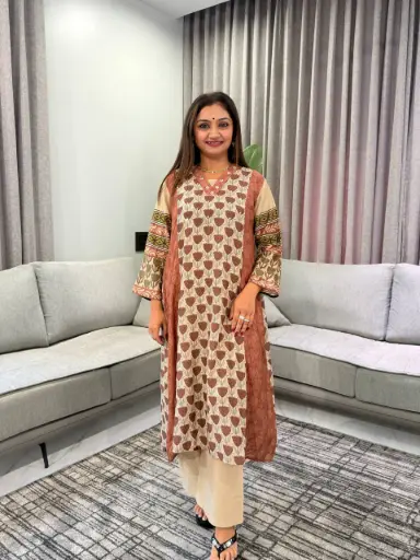 [3052] Terracotta Brown Floral Hand-Worked Viscose Crepe kurta Set