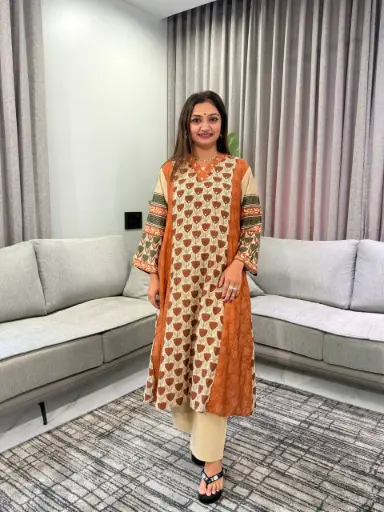 [3053] Rust Orange Floral Hand-Worked Viscose Crepe Set