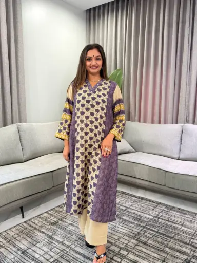 [3054] Muted Purple Floral Hand-Worked Viscose Crepe Set