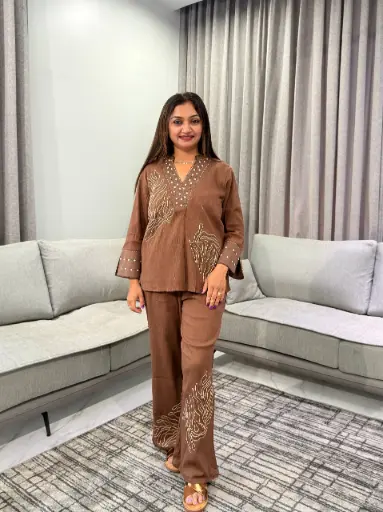 [3055] Cocoa Bloom Embroidered Imported Fabric Co-ord Set
