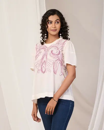 [3057] Off-White Thread Embroidered Imported Top