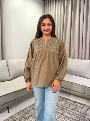 [3058] Olive Brown Embroidered Sily Cotton Top