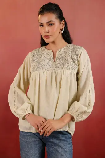[3059] Beige Cream Embroidered Sily Cotton Top