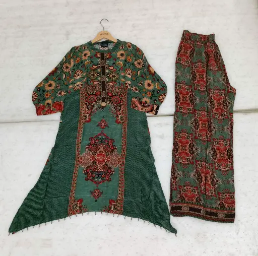 [3061] Heritage Teal Floral Pure Crepe Kurta Set