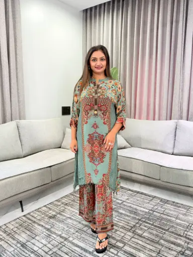 [3061] Heritage Teal Floral Pure Crepe Kurta Set