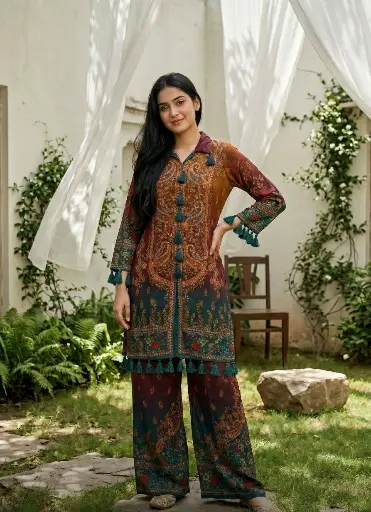 [3062] Rust & Teal Paisley Hand-Worked Viscose Crepe Co-ord Set
