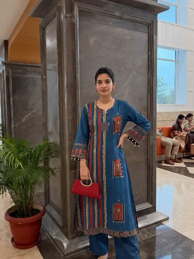 [3063] Peacock Blue Mughal Motif Muslin Crepe Kurta Set