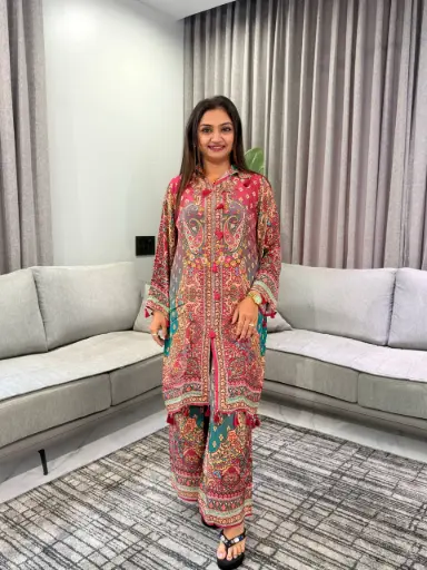 [3069] Magenta Pink & Teal Paisley Viscous Crepe Co-ord Set