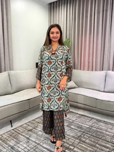 [3072] Powder Blue Floral Trellis Hand-Worked Natural Crepe Kurta Set