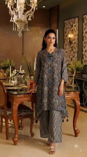 [3073] Grey Floral Trellis Hand-Worked Natural Crepe Kurta Set