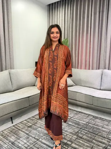 [3076] Espresso Brown Sequin Paisley Hand-Worked Muslin Crepe Co-ord Set
