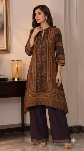 [3076] Espresso Brown Sequin Paisley Hand-Worked Muslin Crepe Co-ord Set