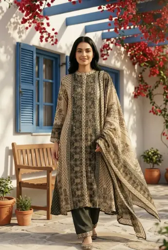 [3077] Beige & Olive Hand-Worked Sequin Muslin Crepe 3-Piece Kurta Set