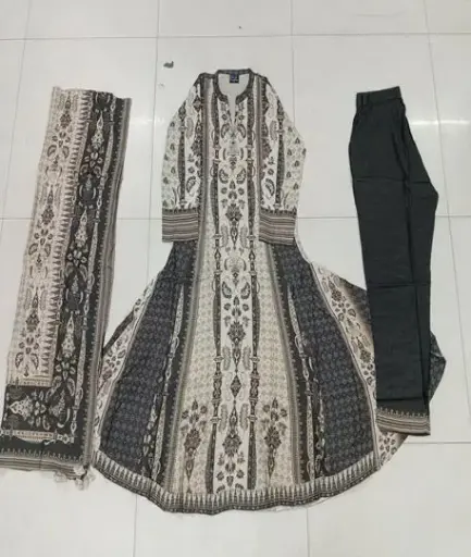 [3079] Charcoal & Off-White Anarkali Muslin Crepe 3-Piece Kurta Set