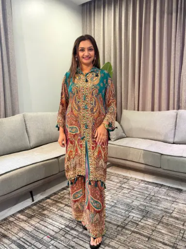[3080] Regal Teal Paisley Pure Crepe Co-Ord Set