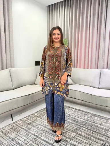 [3081] Teal Blue Multi-Floral Kalamkari Pure Natural Crepe Co-ord Set
