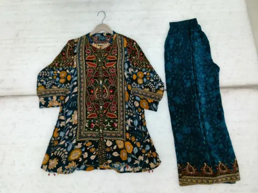 [3081] Teal Blue Multi-Floral Kalamkari Pure Natural Crepe Co-ord Set