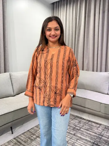 [3082] Rust Bloom Stripe Embroidered Imported Top