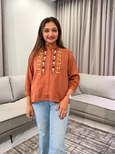 [3089] Rust Orange Multi-Color Thread Embroidered Imported Cotton Top