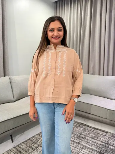 [3091] Beige Peach Floral Thread Embroidered Imported Cotton Top