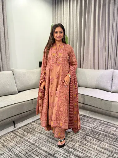 [3094] Mauve Taupe Floral Hand-Worked Sequin Pure Cotton 3-Piece Kurta Set
