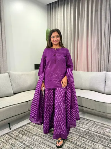 [3099] Royal Purple Bandhani Printed Pure Mull Cotton 3-Piece Sharara Set